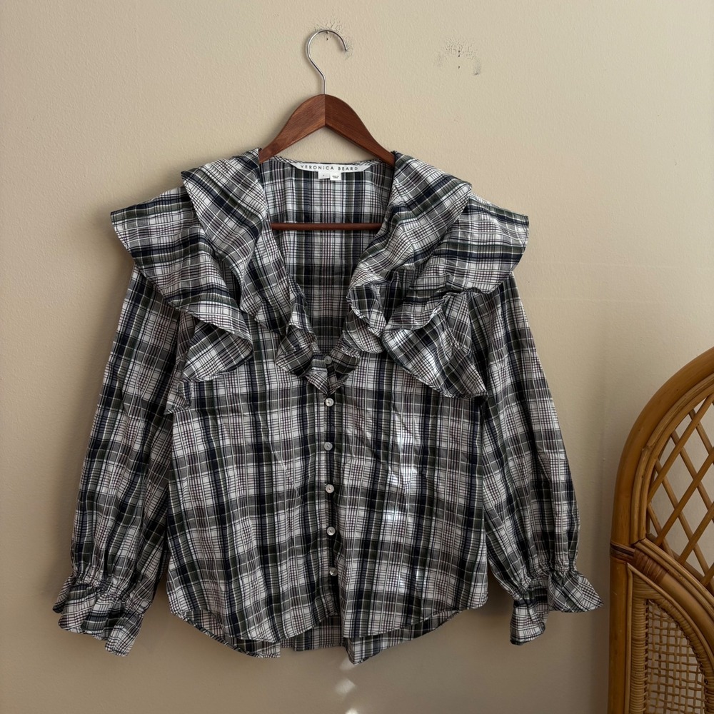 Veronica Beard Womens Authenitc Itha Ruffled Check Cotton Blend Voile Shirt